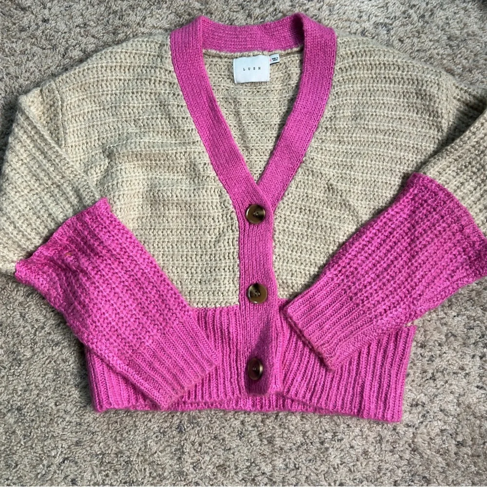 Lush Pink Tan Cropped Button Front Knit Cardigan Sweater Size S